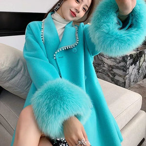 Women’s Fall Winter Coat, Modern Style, Wool with Fox Fur, Mid-Length