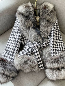 Oversized Faux Fox Fur Checkered Coat