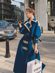Women's Light Blue Vintage French-Style Long Trench Coat