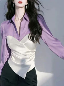 Luxury French Women's Asymmetrical Satin Shirt – Black & White
