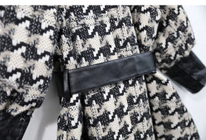 Women's Houndstooth Wool Coat — Mid-Length Winter Plaid Jacket