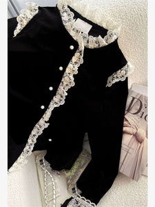 Women's Gold Velvet Long Sleeve Top with French Lace Embroidery – Elegant Fall Blouse by Chane