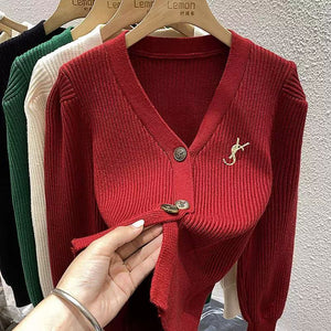 Elegant European V-Neck Knit Cardigan for Women
