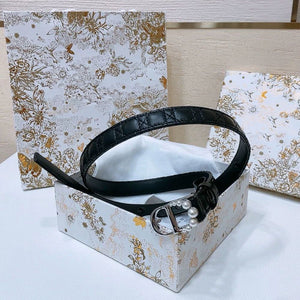 Pearl-Embellished Genuine Leather Slim Dress Belt with Brass Buckle