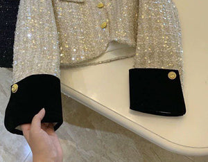 Chanel-Style Short Sequin Jacket with Black Sleeves & Tweed Underlay Blouse