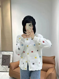 Women's Loose Knitted Cardigan – Small Fit, Lazy Style with Colorful Letter Embroidery, Chanel-Inspired Autumn & Winter