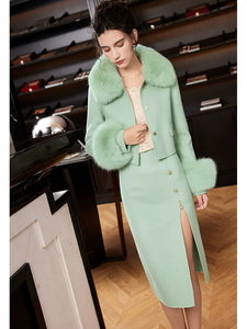 Double-Sided Cashmere Women's Two-Piece Set – Slim Fit Korean Style with Fox Fur Collar, Blouse, Skirt & Long Coat for Autumn & Winter