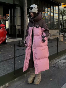 Women's Cotton Color-Block Knee-Length Puffer Coat – Oversized Hooded Thick Korean Style