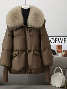European Women's Short Cotton Padded Coat – Thick with Large Fur Collar, Oversized Fit