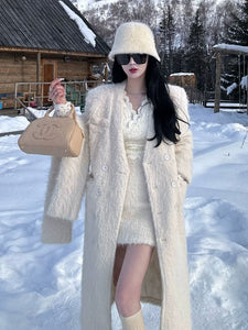 High-Quality Women's Long Wool Set – V-Neck Jacket, Skirt & Winter Scarf, 3-Piece Ensemble