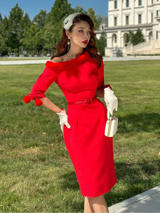 Christmas Off-Shoulder Knit Dress with Faux Fur Trim