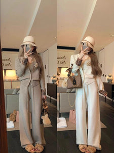 Retro Casual Two-Piece Set – Knitted Wide-Leg Pants & Short Blazer