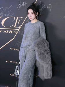 Elegant Knitted Pantsuit – Grey Two-Piece Set for Women