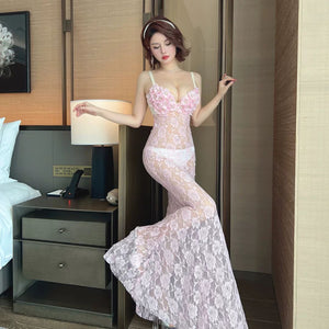 New Sheer Lace Long Dress – Hand-Hole Bra with Low Cut Evening Gown