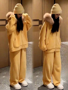 Korean Style Velvet Two-Piece Set – Faux Fur Collar Casual Outfit