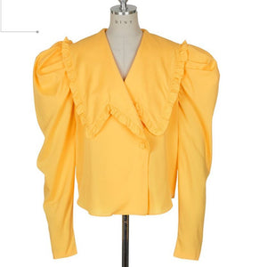 Elegant V-Neck Puff Sleeve Loose Blouse