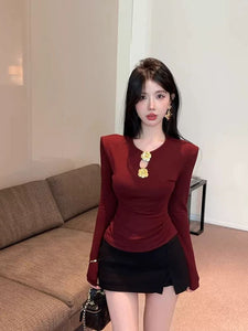 Pure Desire Off-Shoulder Red Top with Shoulder Pads