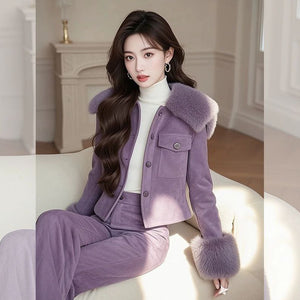 Chanel-Inspired Purple Suede Winter Jacket & Pants Set