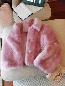 Pink Square-Collar Faux Fur Short Coat