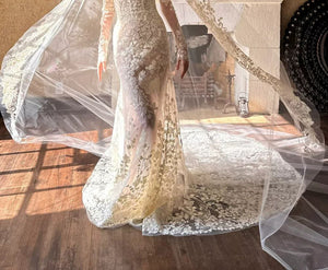 Long-Sleeve One-Shoulder Lace Mermaid Wedding Dress with French Veil