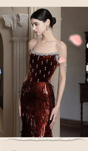 Luxury Red One-Shoulder Beaded Evening Dress with Mermaid Tail