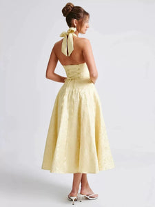 Vintage Jacquard V-Neck Holiday Dress – Backless with Straps