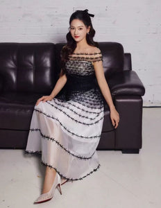 Vietnamese Elegant 3D Embroidered One-Shoulder Mesh Dress with French Belt – Mid-Length Skirt