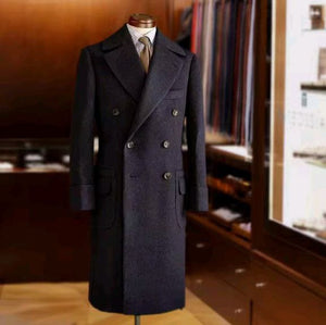 Men’s Houndstooth Long Coat – Casual Wool Overcoat with Peak Lapel for Wedding & Formal Wear