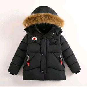 Boys’ Winter Warm Cotton Jacket with Fur Collar – Thick Hooded Coat for Kids (Ages 4–10) – Black / Navy