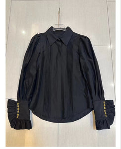 قميص نسائي أبيض مطوي على الطراز الفرنسي - تصميم أكمام ثلاثي الأبعاد متقدم 