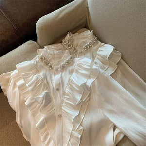 قميص أبيض على الطراز الأوروبي لفصل الخريف المبكر - تصميم أنيق من البلاط الفرنسي 