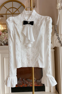 قميص شيفون أبيض أنيق على الطراز الكوري للنساء - بلوزة فضفاضة بأكمام طويلة مناسبة للخريف والشتاء 