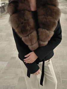 Elegant Fur Collar Woolen Coat Women 2025 Winter Outwear