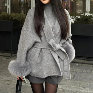 Women’s Short Plush Jacket Removable Cuffs Double-Sided Straps
