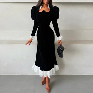 Autumn New Elegant Retro Square Neck Puff Sleeve High Waist