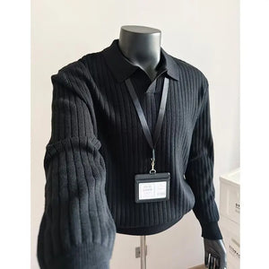 Long Sleeve Knitted Polo Neck Casual Slim Fit High Elasticity