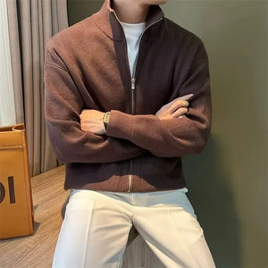 Winter Casual Style V-Neck Knitted Sweater Men's Solid Color Stand